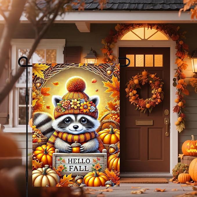 Hello Fall Garden Flag Cute Raccoon Autumn Hat Pumpkins Acorns 12x18 Inch Double Sided Outdoor Banner For Front Yard Porch Lawn Patio Thanksgiving Flag Seasonal Home Decor