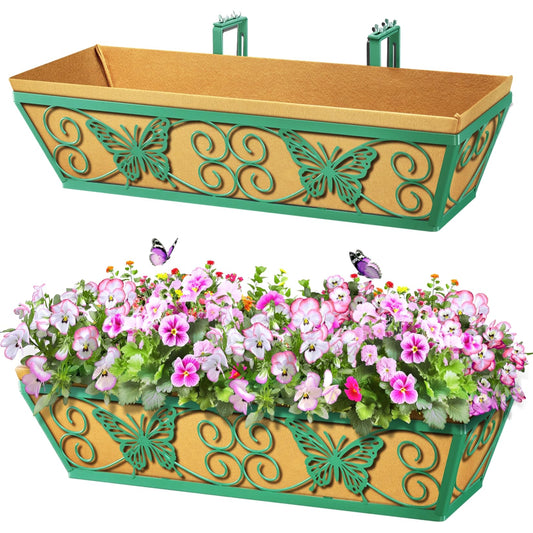 Karlliu 2 Pack 24 Inch Window Boxes Planters Railing Planter Box with Adjustable Brackets for Porch Fence Patio Balcony Hanging Flower Baskets with Woven Fabric for Outdoor Garden Decor - Green
