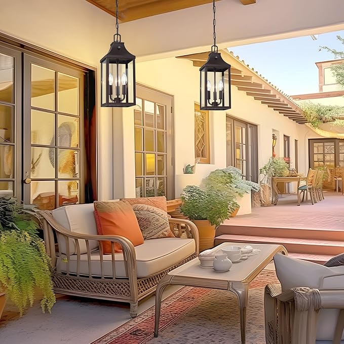 15.5'' Large Outdoor Pendant Light Fixtures 3-Light, Dusk to Dawn Exterior Hanging Lantern Porch Light Adjustable, Brown Hanging Lamp Farmhouse Exterior Chandelier Ceiling Mount for Entrance Patio