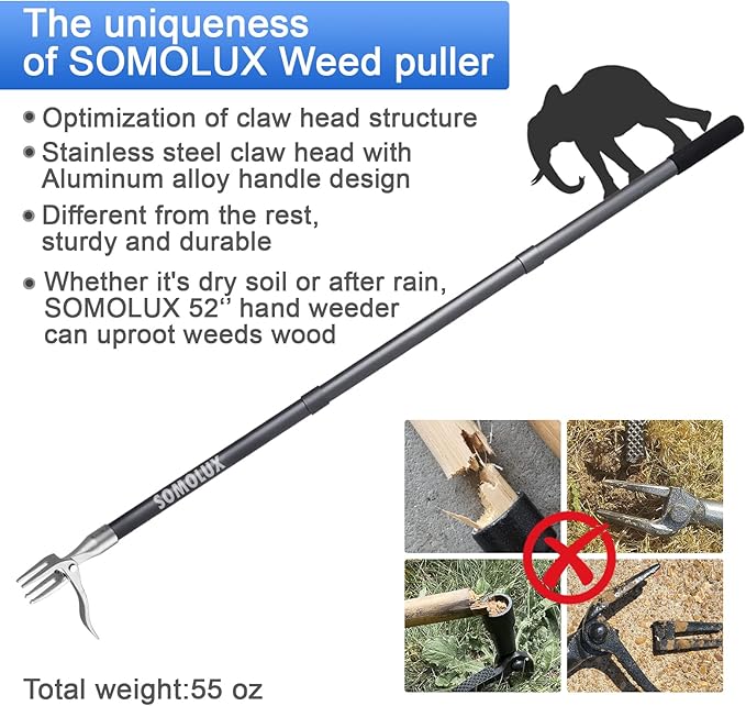 SOMOLUX 52'' Weed Puller Stand-up Weeder Weeding Tool for Gardening Heavy-duty Stainless Steel Claw with Long Metal Handle Weed Remove Tool for Lawn/Yard and Garden without Bending or Kneeling