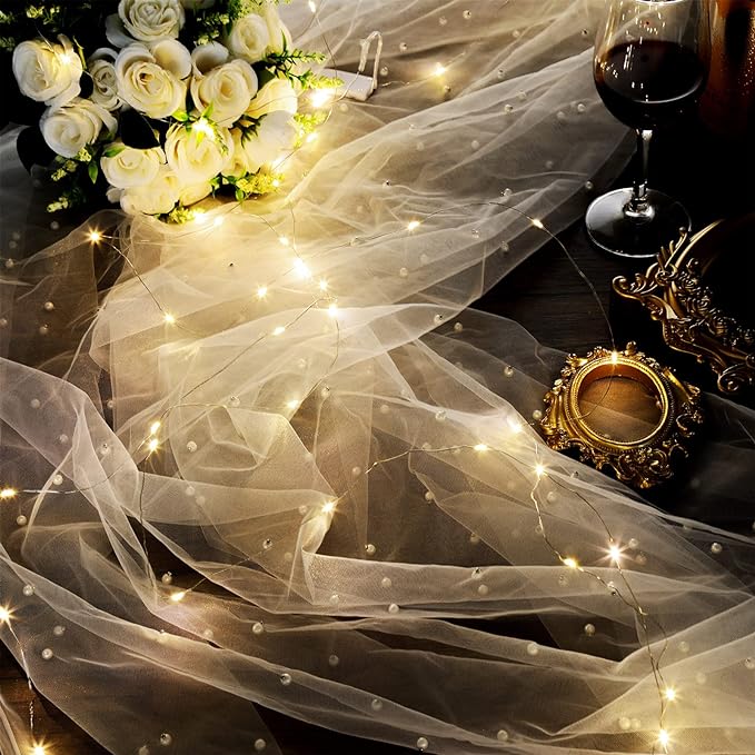 Kinlop Plug in Type 10 ft 64x120 Inch White Pearl Tulle Table Runner with LED Lights for Valentine's Wedding White Chiffon Birthday Table Skirt Tablecloth Decor Outside Baby Shower Ceremony