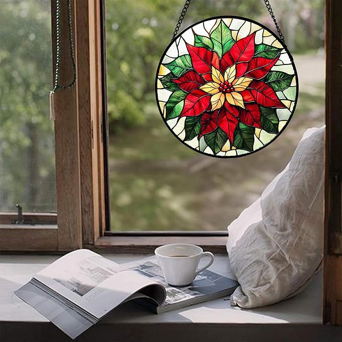AMDERVEN Stained Glass Window Hanging - Red Poinsettia Birth Flower Sun Catcher for Door Garden Home Decor Suncatcher Christmas Mother's Day Birthday Gifts for Women Men Mom Girl Nana Friend 11.8 in