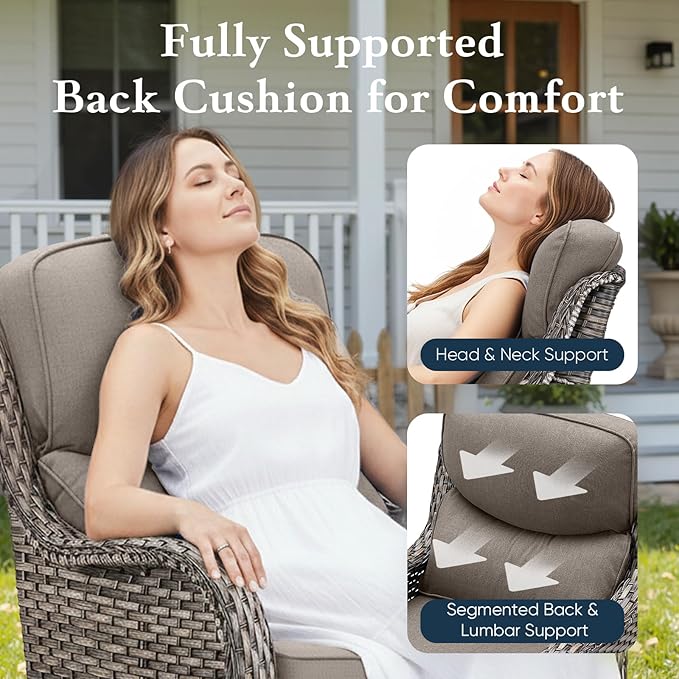 Belord Luxury 6" Thick Cushioned 10 Pieces Patio Furniture Set with Fire Pit Table, Wicker Outdoor Conversation Set with High Back Swivel Rocker Chairs for Deck Porch Yard and Poolside - Grey+Grey