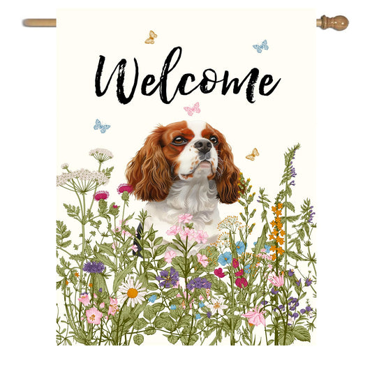 Floral Cavalier King Charles Spaniel Garden Flag Spring Summer House Flags 28 x 40 Double Sided Flower Dog Yard Flags for Outside Large Outdoor Welcome Flags