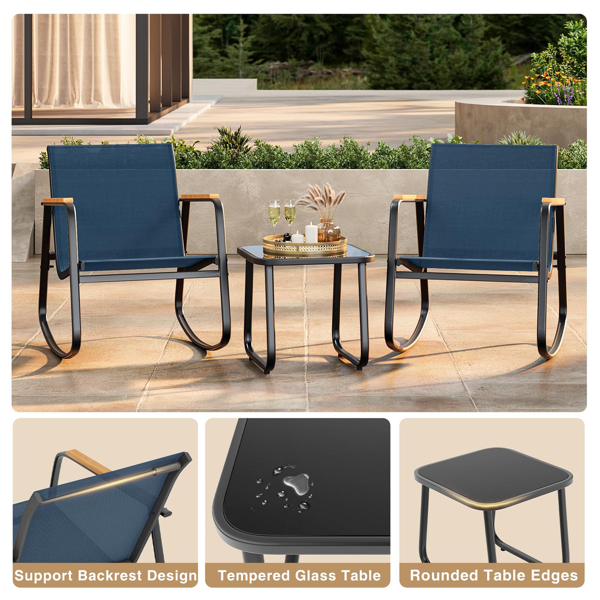 Ahomly 3-Piece Outdoor Rocking Bistro Set, Patio Furniture Set, Blue