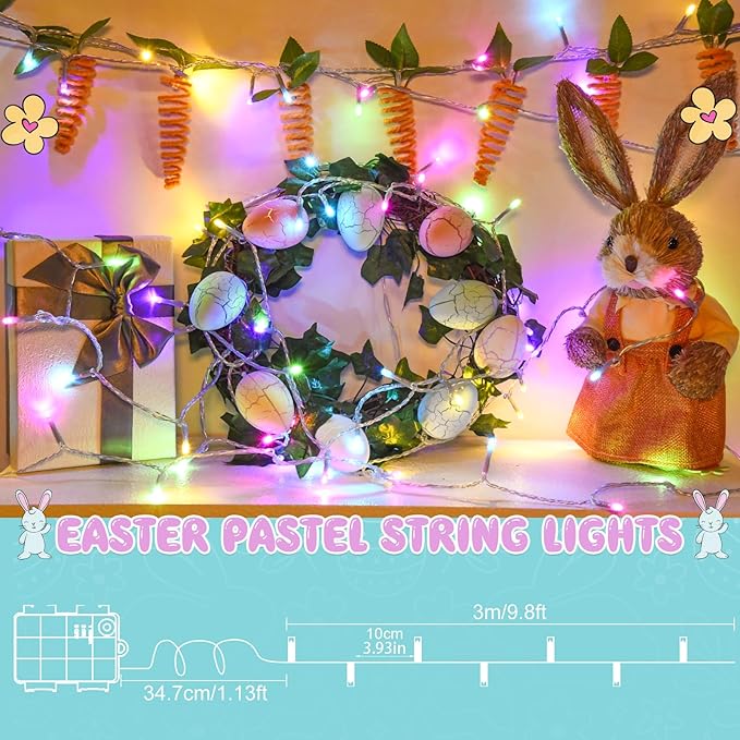 Easter String Lights Battery Operated,Pastel Easter Lights with Timer 9.8ft 30LED Transparent Wire Fairy Lights for Easter Decorations Garland Outdoor Indoor Party