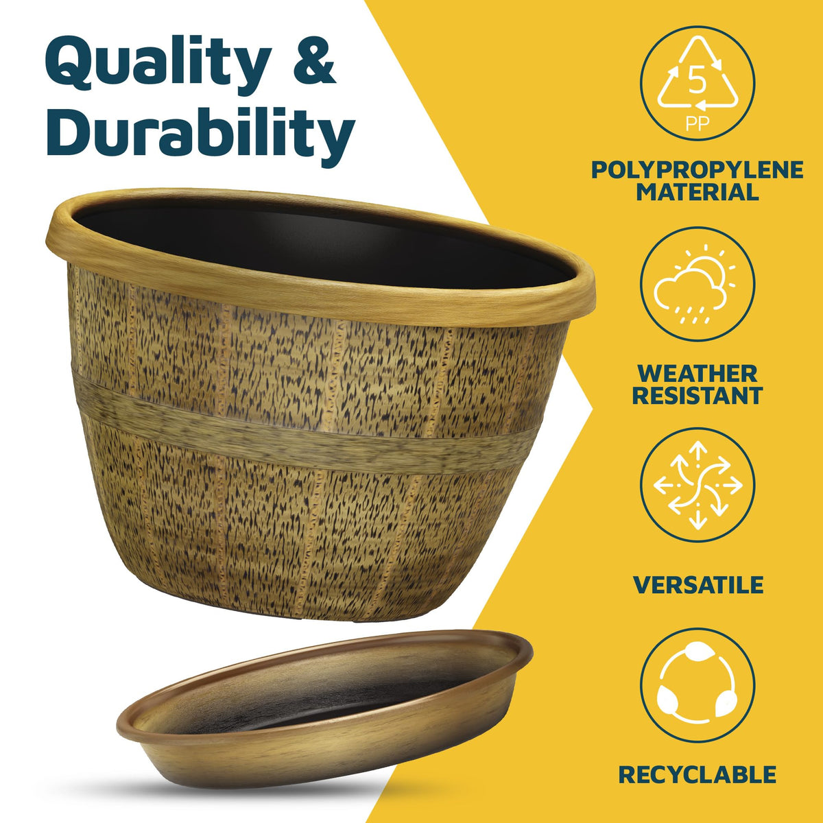 10-Inch Whiskey Barrel Planters Outdoor Pack of 5 - Durable Plastic Plant Pots for Indoor & Outdoor Use with Drainage & Saucer, Lightweight Rustic Barrel Planters for Flowers, Herbs & Small Plants
