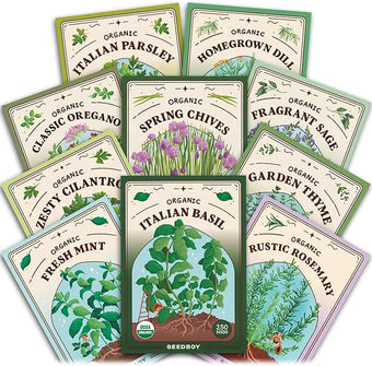 Seedboy Organic Non GMO 10 Herb Variety Pack: Basil, Cilantro, Mint, Oregano, Parsley, Thyme, Chives, Dill, Sage, Rosemary for Planting Indoor and Outdoor, USDA Certified (10 Herb Variety Pack)