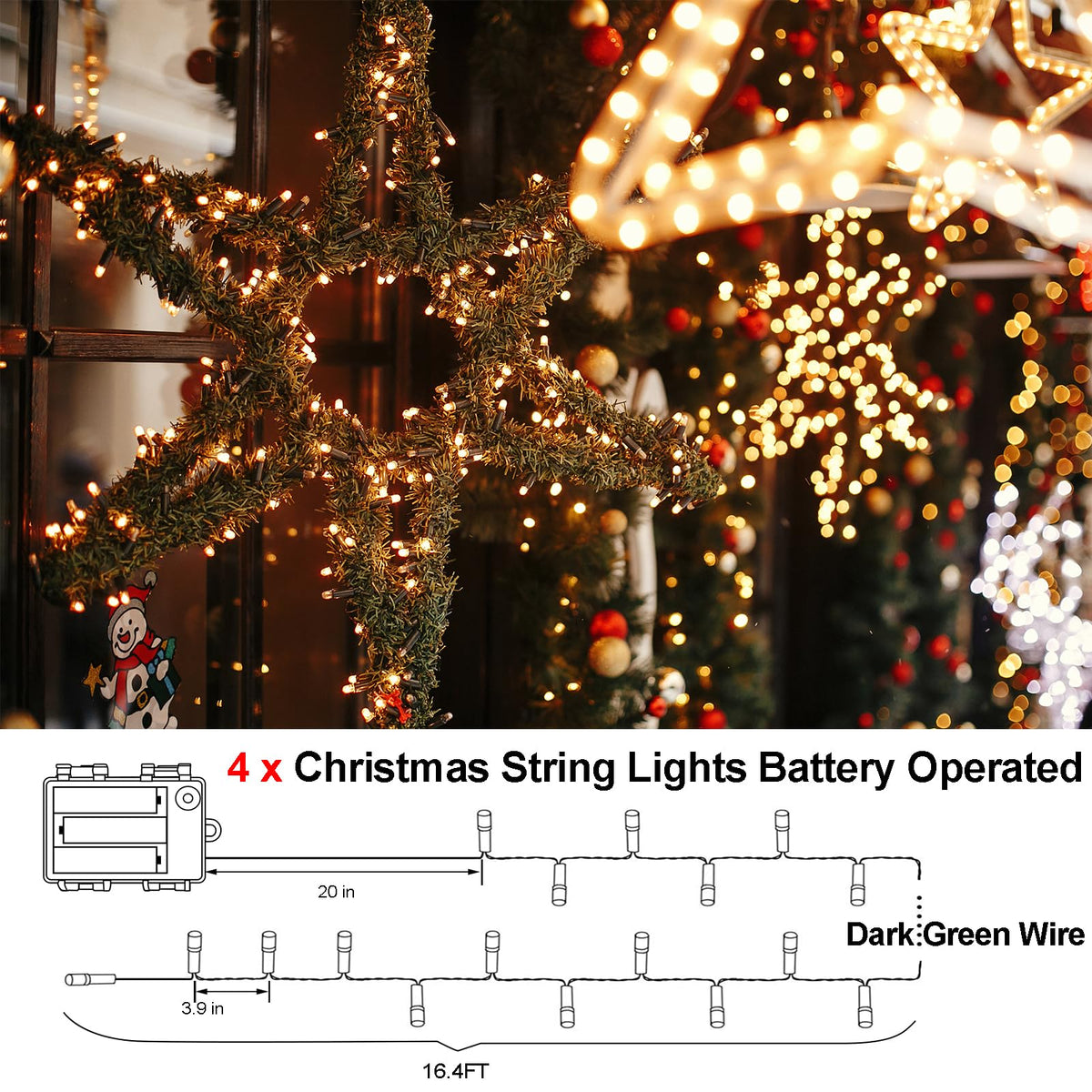 4 Pack Battery Operated Outdoor String Lights Timer Christmas Wreath Lights