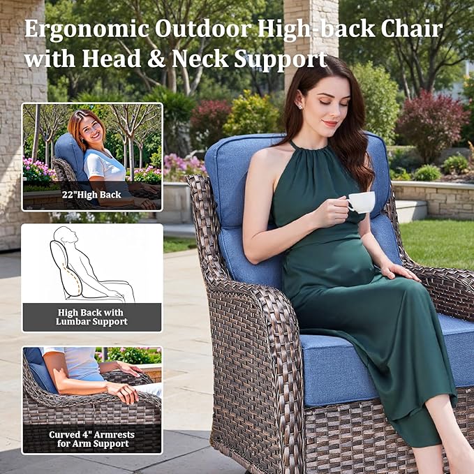 Luxury High Back Patio Furniture Set with Fire Pit Table & 6-Inch Thick Cushions, 5-Pieces Outdoor Furniture with 4 Swivel Chairs, Wicker Conversation Set for Porch, Balcony, Deck and Yard, Brown/Blue