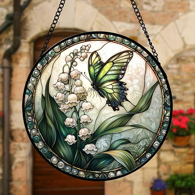 DASTOLL Stained Glass Window Hanging, Lily of The Valley Flower Butterfly Suncatcher for Doors Home Sun Catchers Decoration and Christmas, Mother's Day Birthday Gifts for Women, Men, Mom 6.3 in