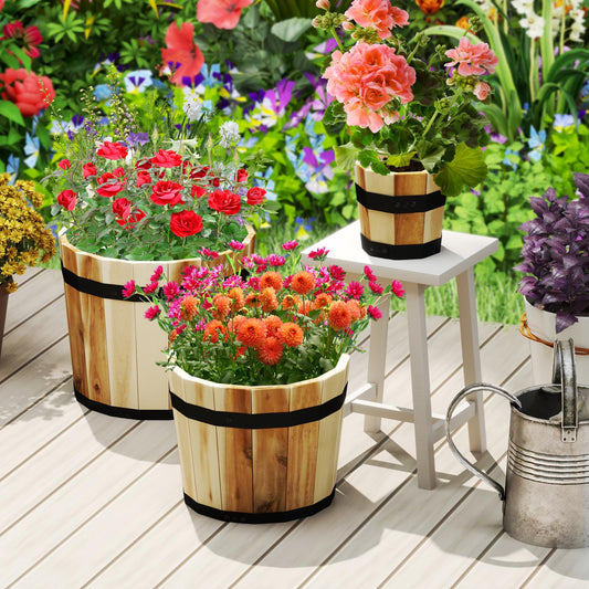 HAPPYGRILL Wooden Plant Pots, 3 Solid Acacia Wood Whiskey Barrel Planters