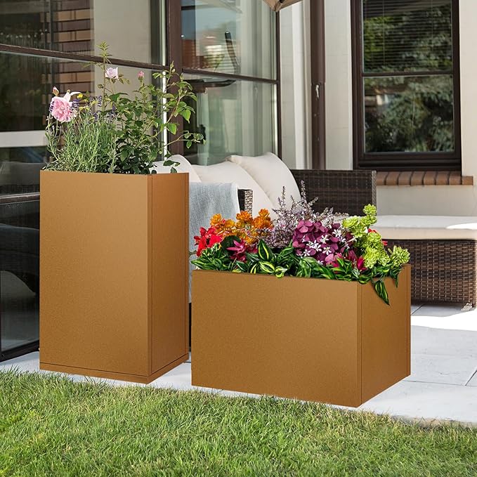 Meyoppm Corten Steel Planter Box 28"x12"x28", Rustic Metal Planter with Partitions & Drainage Holes, Frost Rust Resistant Heavy Duty Planter for Patio Garden Indoor Outdoor Commercial Decor