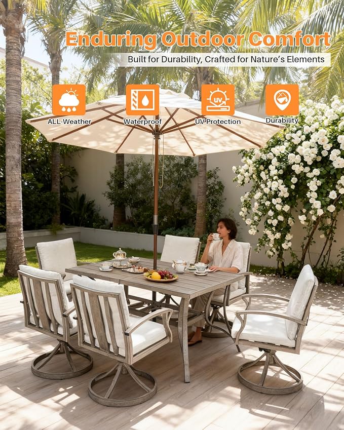 Patio Dining Table for 6, All Weather Outdoor Dining Table with Umbrella Hole, 59.8" x 35.8" Rectangle Patio Table, 6 Person Aluminum Outdoor Patio Table for Deck, Garden Poolside, Limed Oak