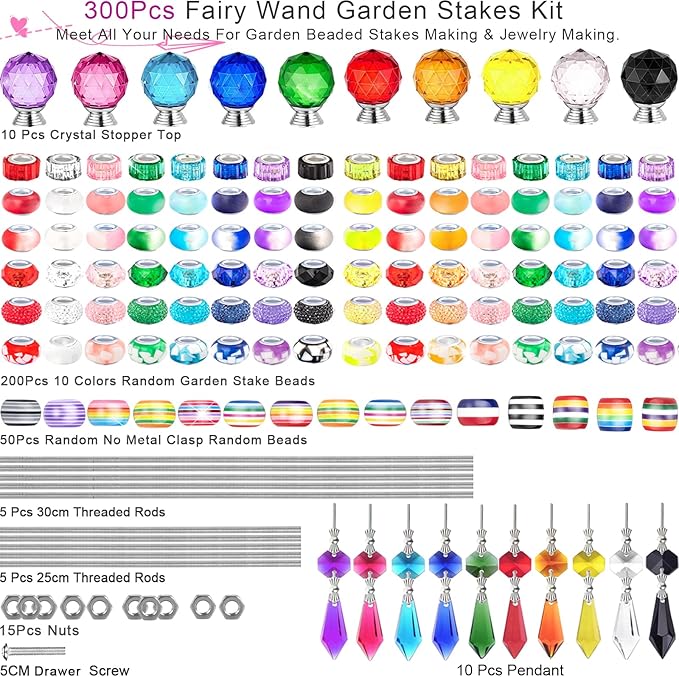300 Pcs DIY Fairy Wand Beaded Garden Stakes Kit, Fairy Wands Garden Kit Colorful Large Hole Bead with Pendants Crystal Stopper Top Threaded Rod Beaded Garden Stakes Supplies for Outdoor Decorative