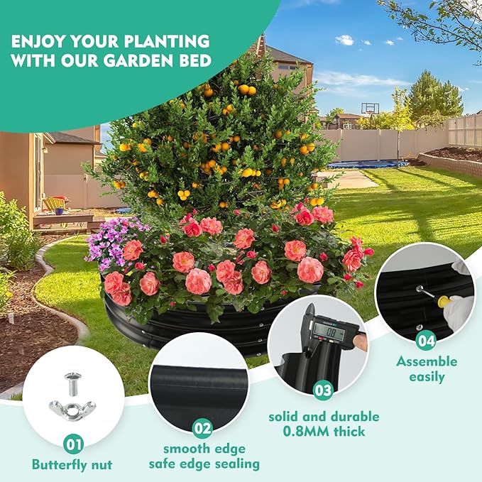 4FT Diameter Galvanized Garden Raised Bed/Plant Box/Fire Pit Ring - 0.8mm Thick,12 Inch Tall,Perfect for Planting a Variety of Flowers,Herbs,Vegetables (Black, 48 Dia X 11.5 inches)
