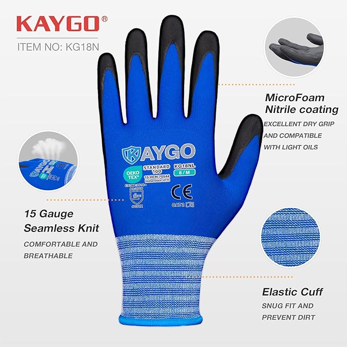 Safety Work Gloves MicroFoam Nitrile Coated-12 Pairs,KAYGO KG18NB,Seamless Knit Nylon Glove with Black Micro-Foam Nitrile Grip,Ideal for General Purpose,Automotive,Home Improvement,Blue