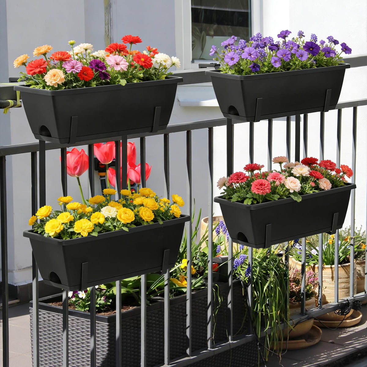 2 Tier Railing Planter Box Set of 2, 4 Pack Black Window Boxes Planters