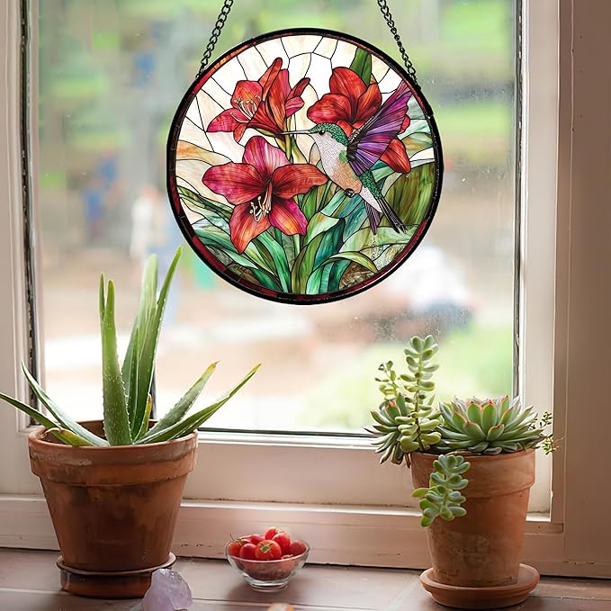 AMDERVEN Stained Glass Window Hanging - Hummingbird On Red Lily Flower Sun Catcher for Door Garden Decor Suncatcher Christmas Mother's Day Birthday Gifts for Bird Lovers Women Men Mom Nana 7.8 in