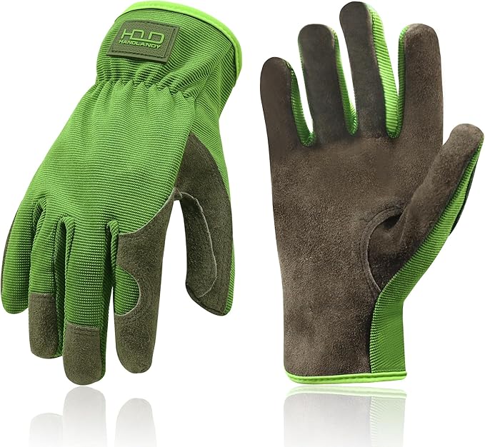 HANDLANDY Men Leather Gardening Gloves, Utility Work Gloves for Mechanics, Construction, Driver