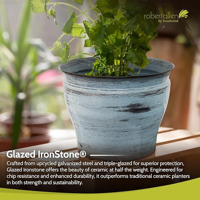 Headwind Glazed Ironstone Vanhorne Collection – 12" Azure Blue Decorative Plant Pot – Lightweight & Triple Coated w/Drainage Flower Pots for Indoor Plants & Outdoor Planter Use by Robert Allen