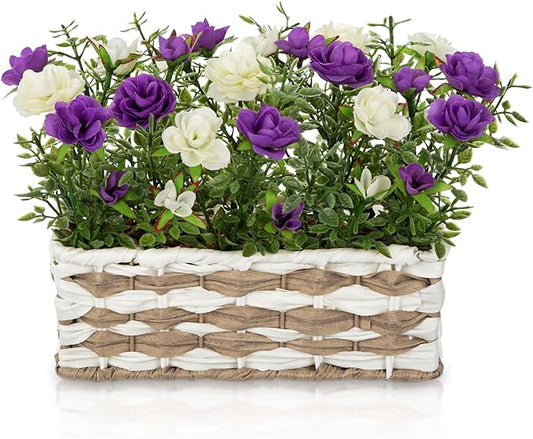 Artificial Rose Flowers with Woven Basket, Faux Roses in Fake Rattan Planter for Table Centerpiece, Romantic Floral Arrangement for Home Bathroom Office Desk Spring & Rustic Decor, Cream White Purple