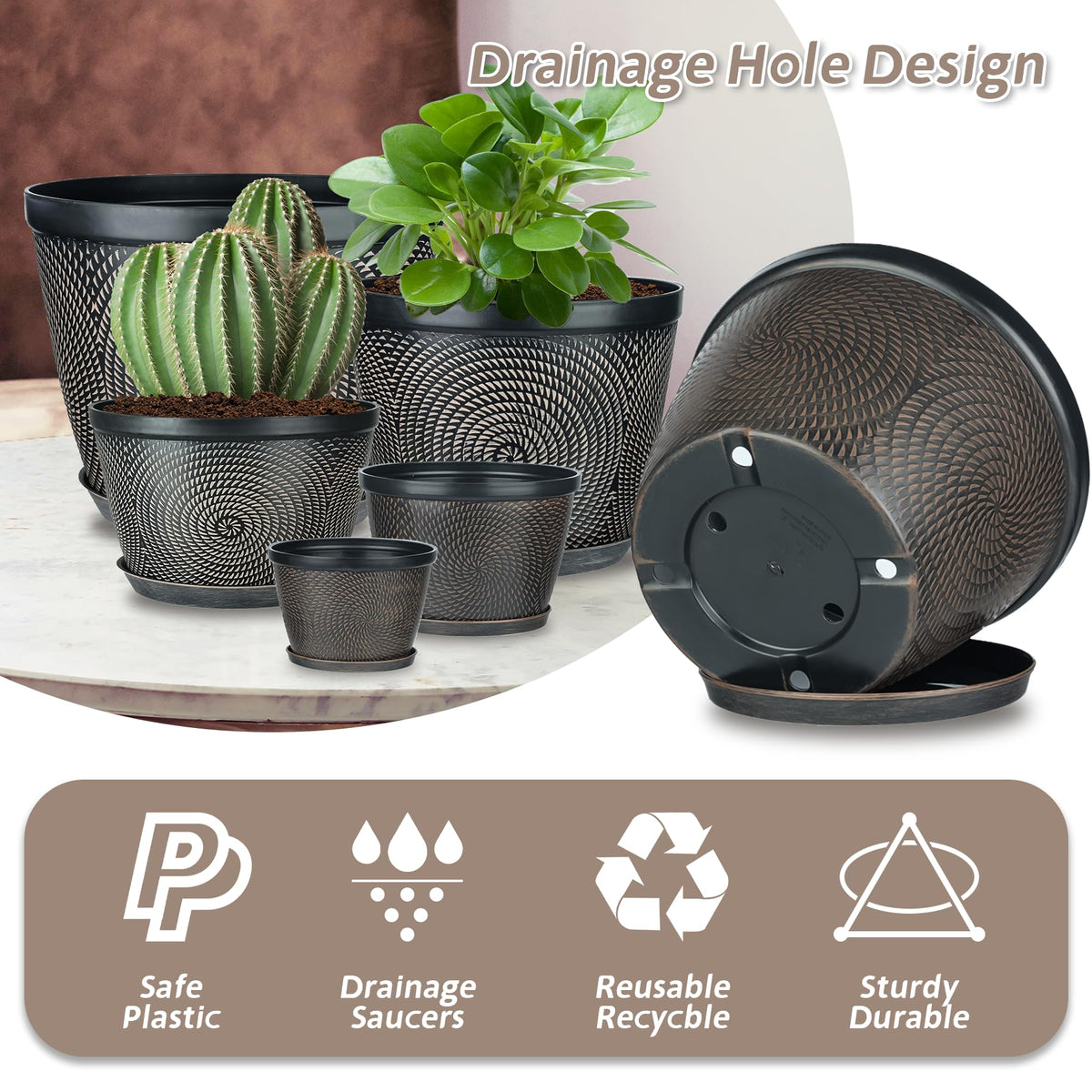 Quarut 4 Pack 6 Inch Flower Pots Planters for Outdoor Indoor