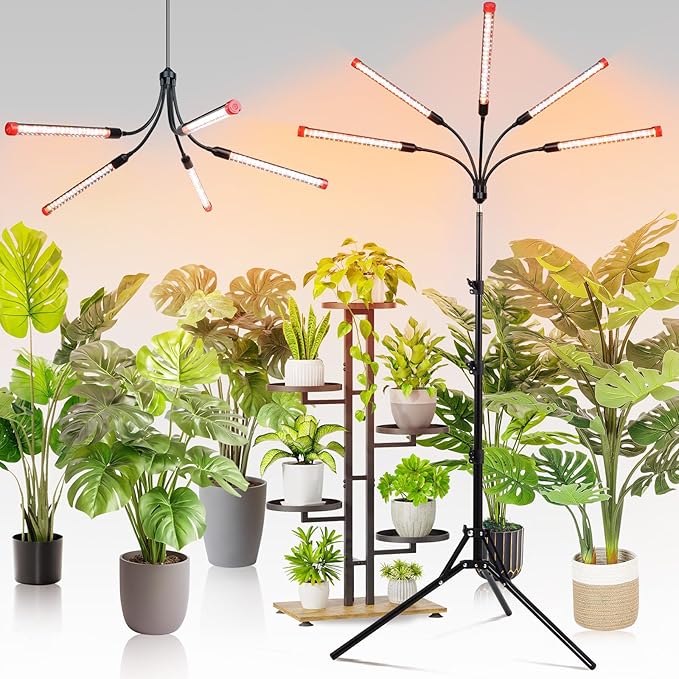 FECiDA Gamechanger! 45W 5Head Tripod Stand Tall Plant Light, 2025 Grow Lights for Indoor Plants with Stand for Bonsai Tree, Big Plants, Full Spectrum Growing Lamp 4,8,12 Hr Timer