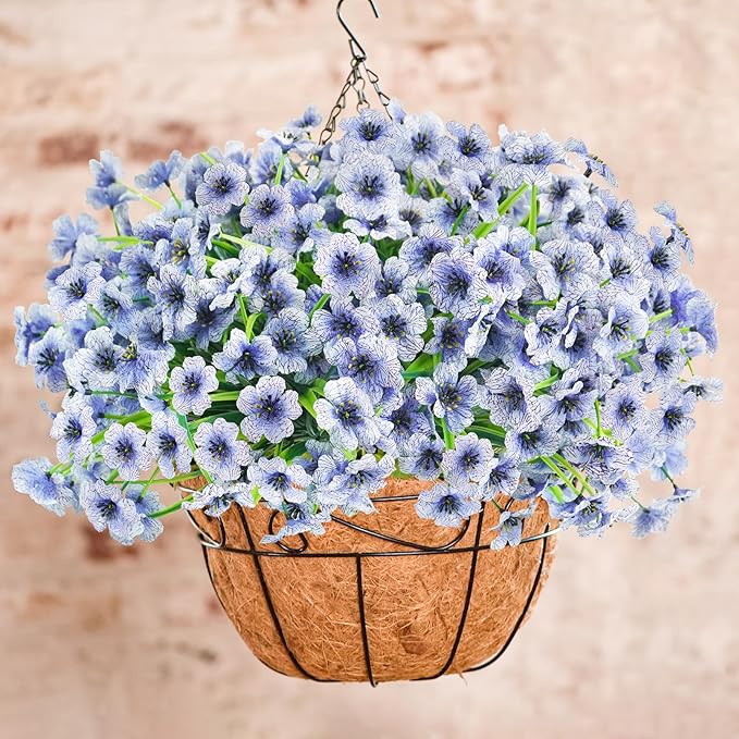 Uieke 16 Bundles Artificial Flowers for Outdoors UV Resistant Fake Flowers No Fade Faux Greenery Plastic Plants for Garden Porch Window Box Home Party Wedding Spring Autumn Décoration (Blue)