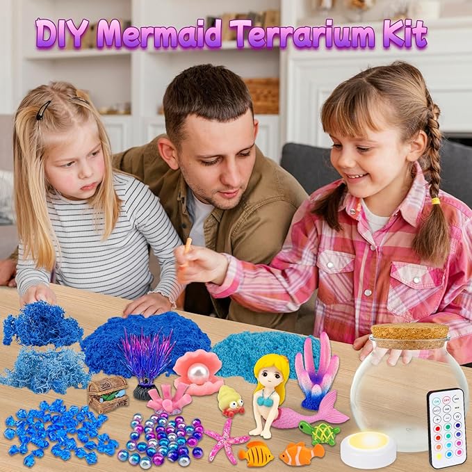 7july Mermaid Terrarium Craft Kit for Kids - LED Night Light Up & Remote Mermaid Birthday Gifts Toys for Girls Age 5 6 7 8 9 10 11 12 Year Old