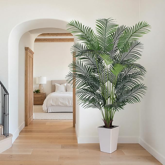 Artificial Palm Tree with White Tall Planter, 7ft Tall Potted Artificial Silk Palm Tree Plant, Fake Tropical Plant, Home Office Floor Room Decor Plants Indoor Outdoor, Housewarming Gift