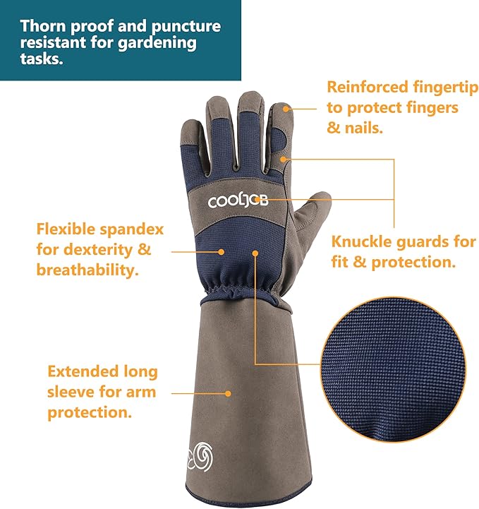 COOLJOB Thorn Proof Rose Pruning Garden Gloves for Men, Long Sleeve Padded Yard Work for Bush, Blackberry, Cactus, Heavy Duty/Puncture Resistant/Machine Washable, Large, Navy