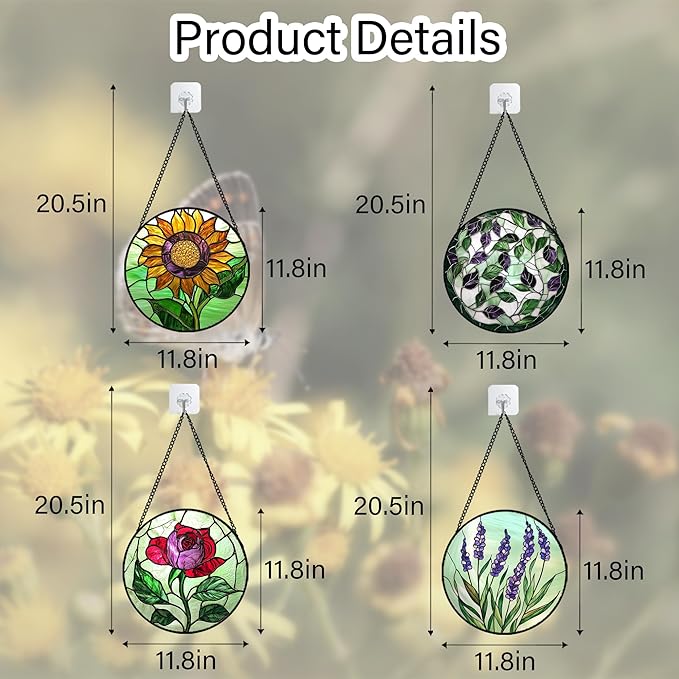 AMDERVEN Stained Glass Window Hanging 4 Pcs Set Red Roses Yellow Sunflowers Large 11.8" - Flower Suncatcher Door Garden Sun Catcher Decor Birthday Mother's Day for Mom Woman Nana Girl