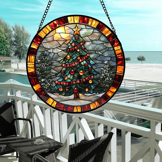 Stained Glass Window Hanging - Winter Christmas Tree Suncatcher Ready to Hang Window Doors Home Decoration, Christmas, Mother's Day Birthday Gifts for Women, Men, and Mom 14.9x14.9 in