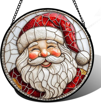 HWRHTR Stained Glass Window Hanging - Red White Santa Claus Suncatcher for Doors Home Christmas Decoration Winter Sun Catcher Thanksgiving New Year Birthday Gifts for Women Men Mom Nana Girl 7.8 in