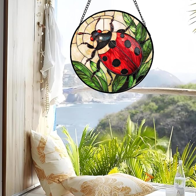 AMDERVEN Stained Glass Window Hanging - Red Seven-Spotted Ladybug Sun Catcher for Door Home Decor Insect Suncatcher Christmas Mother's Day Birthday Gifts for Women Men Mom Nana 15 in