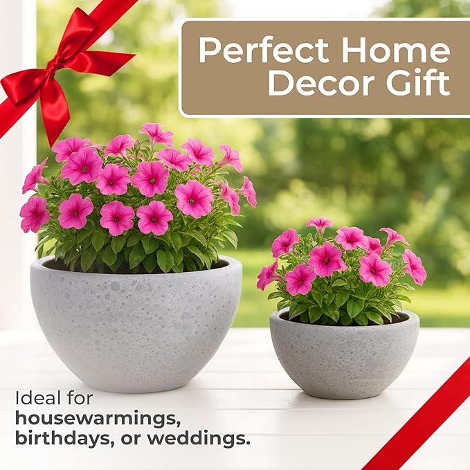 Set of 2 Clay Textured Planter Pots – Indoor Outdoor Plant Holders – Minimalist Design, Durable Pot Set for Living Room, Entryway, Bedroom, Patio or Garden Décor – 15" & 6", White