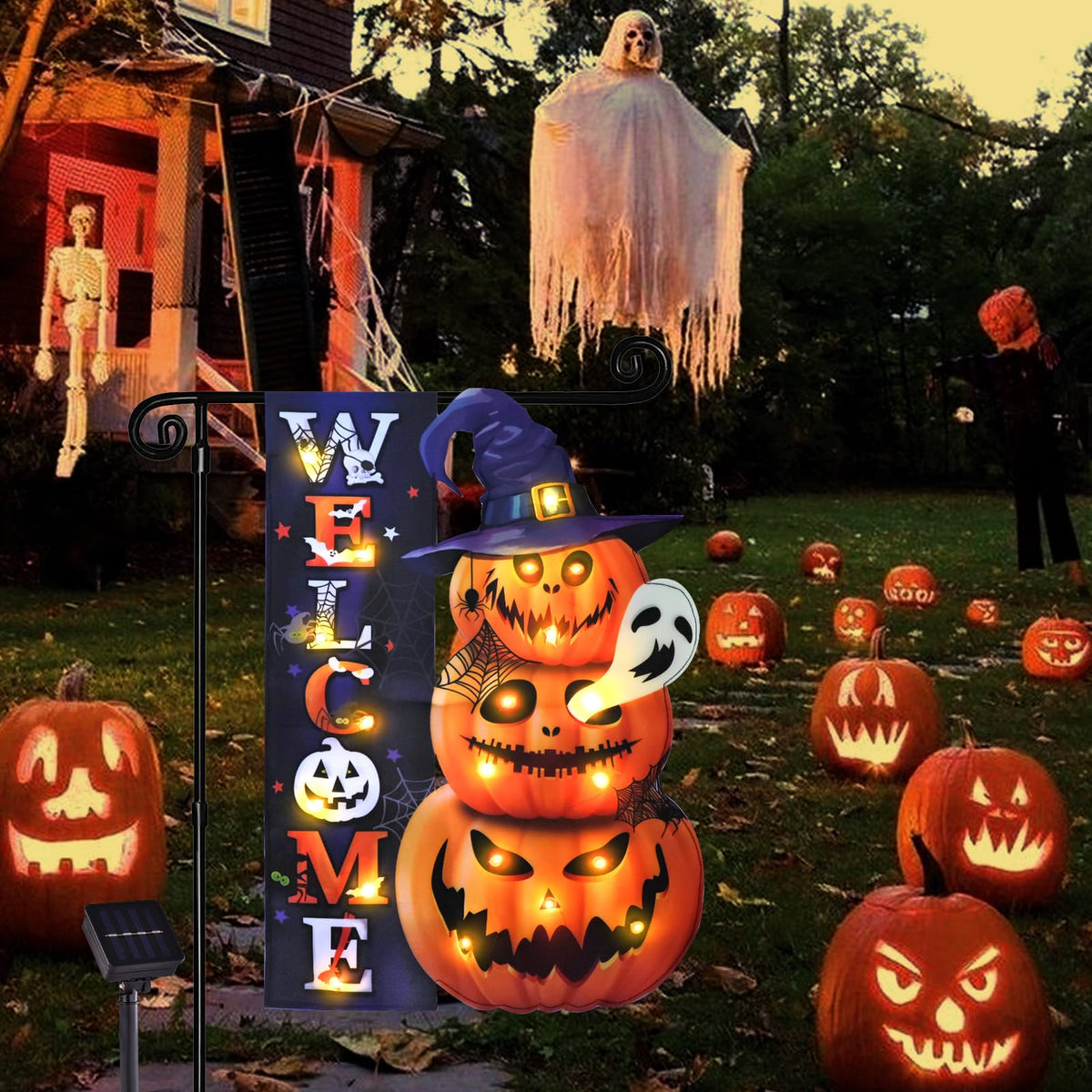 FLAGMESAGE Halloween Lighted Garden Flag, Pumpkin Yard Decor, 12x18 In