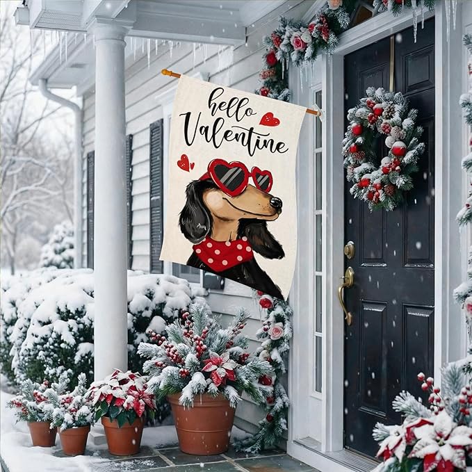 Hello Valentines House Flags for Outdoor Decoration, Dachshund Dog with Love Sunglass Heart Large Yard Flag,Seasonal Decorative Decor for Holiday Anniversary Wedding Outside 28x40 Inch Double Sided