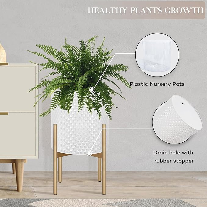 Oakrain Mid Century Planters for Indoor Plants, Set of 2, Modern Decorative Metal Planters for Living Room, Office, Garden or Balcony, White Planters with Stands, 10 inch & 12 inch