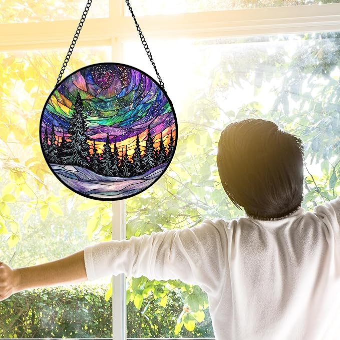 Stained Glass Window Hanging, Van Gogh Night Scene Sun Catchers Colorful Glass Panel Starry Sky Suncatcher Decor for Birthday for Women, Men, Wife, Aunt, and Mom 9.8 in