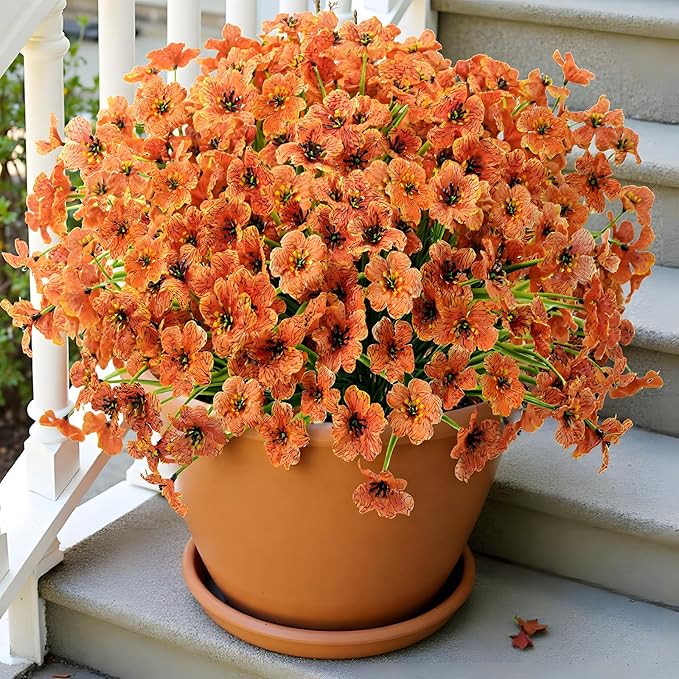 Uieke 16 Bundles Artificial Fall Flowers No Fade Faux Autumn Plants, Fake Indoor Outdoor Greenery for Thanksgiving Table Centerpiece Christmas Wedding Party Home Garden Fireplace Décor (Orange)