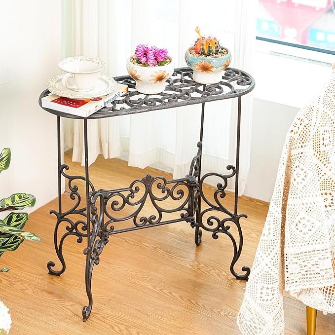 Sungmor Heavy Duty Cast Iron Potted Plant Stand Garden Table - 22.6IN. 1 Tier Metal Stands - Decorative & Vintage Style Indoor Outdoor Corner Shelf for Planters Vases Lanterns Ornaments Books and More