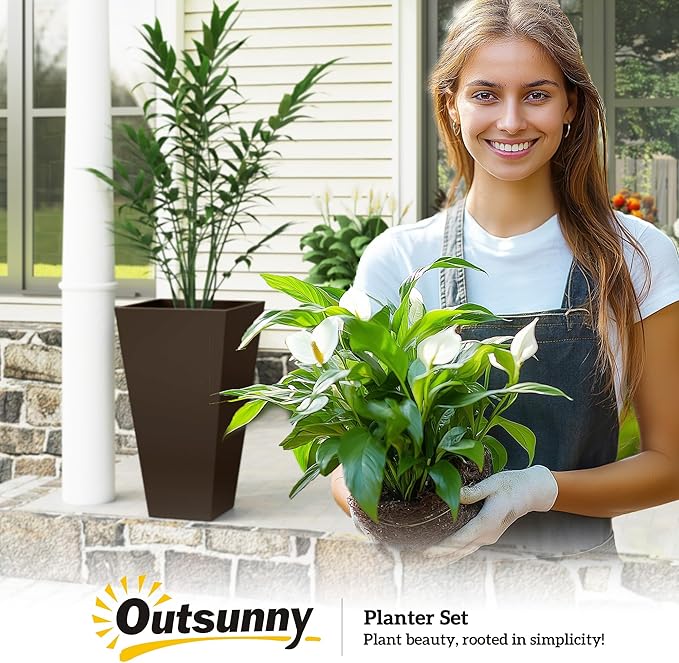 Outsunny Tall Planters for Outdoor Plants Set of 3, 28 in Taper Planters with Drainage Holes, Indoor Grande Plant Pots, Front Porch Decor, Brown