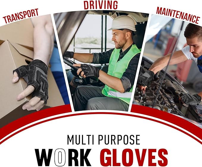 HANDLANDY Fingerless Work Gloves for Men, Padded Half Finger Tactical Mechanics Gloves, Utility Trucker Driver Gloves (Grey, Large (Pack of 1))