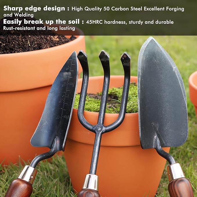RESTMO 3-in-1 Heavy Duty Gardening Tools Kit, Premium Carbon Steel Garden Tools with Ergonomic Wooden Handle Includes Trowel, Transplanter, and Cultivator, Ideal Gardening Gifts for Women, Gardener