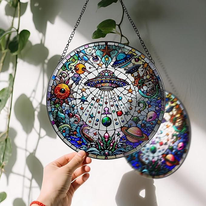 Stained Glass Window Hanging, LAOWEIKI 8'' UFO&Alien Suncatcher, Stained Glass Ornament, Suncatchers for Windows Hanging, Window Decor, Outdoor or Indoor, Gifts for Friends, Art Lover, Astronomer