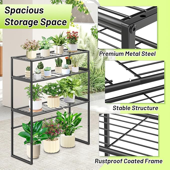 Metal Plant Stand Indoor Outdoor, 3 Tier Potted Multiple Flower Pot Holder Rack Plant Shelf, Heavy Duty Planter Display Shelving for Patio Balcony Garden Living Room Decorative (Black-3 Tier)