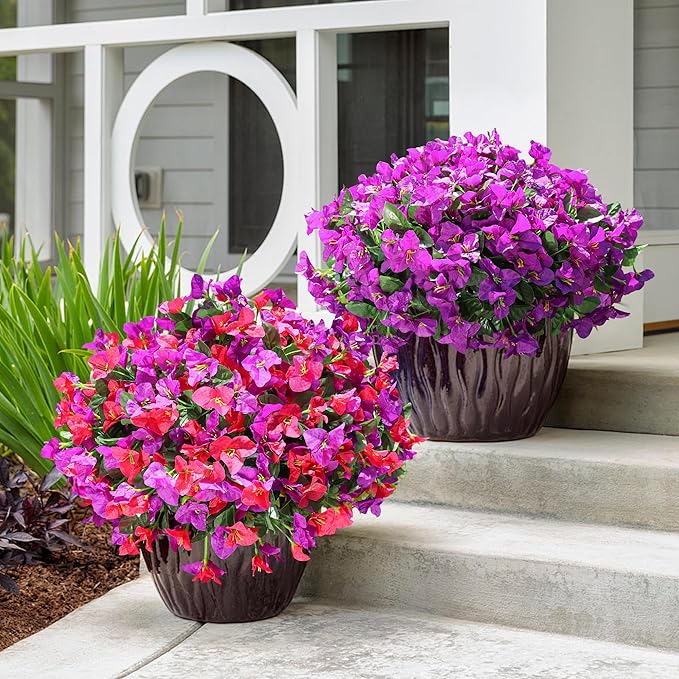 Artificial Fake Flowers for Outdoors Bougainvillea Spring Summer Outside Decor, 4 Bundles Realistic Silk Flower Plants UV Resistant Faux Flowers for Outdoor Planters Patio Porch Window Garden Home