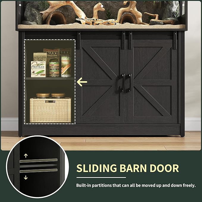 Herture 60 Gallon Reptile Terrarium with Stand, Terrarium Enclosure with Acrylic Doors, Storage Cabinet with Barn Door, Mesh Lid & Power Outlet – Vivarium Habitat for Medium Reptiles Black PX05RTB